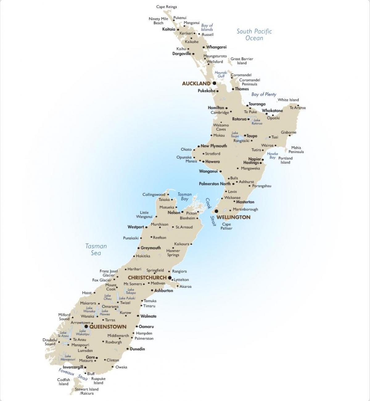نقشہ کے ساتھ نیوزی لینڈ کے بڑے شہروں