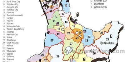 نقشہ نیوزی لینڈ کے شمالی جزیرے علاقوں اور اضلاع